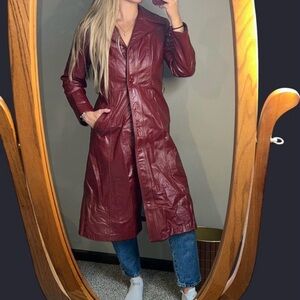 Women's Long Red Leather Trench Coat